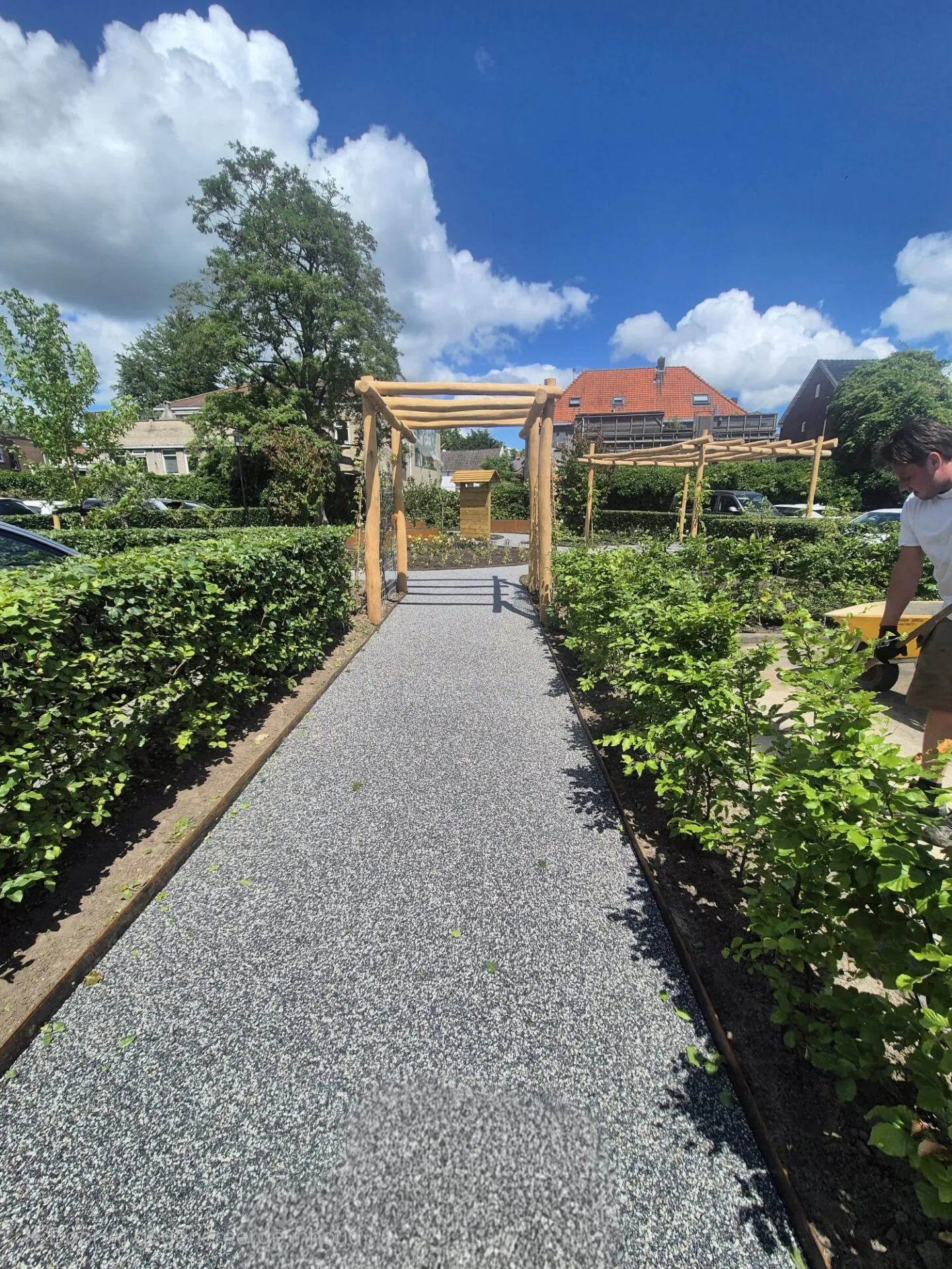 Lang, recht lichtgrijs pad van harsgebonden grind tussen twee hagen naar een pergola