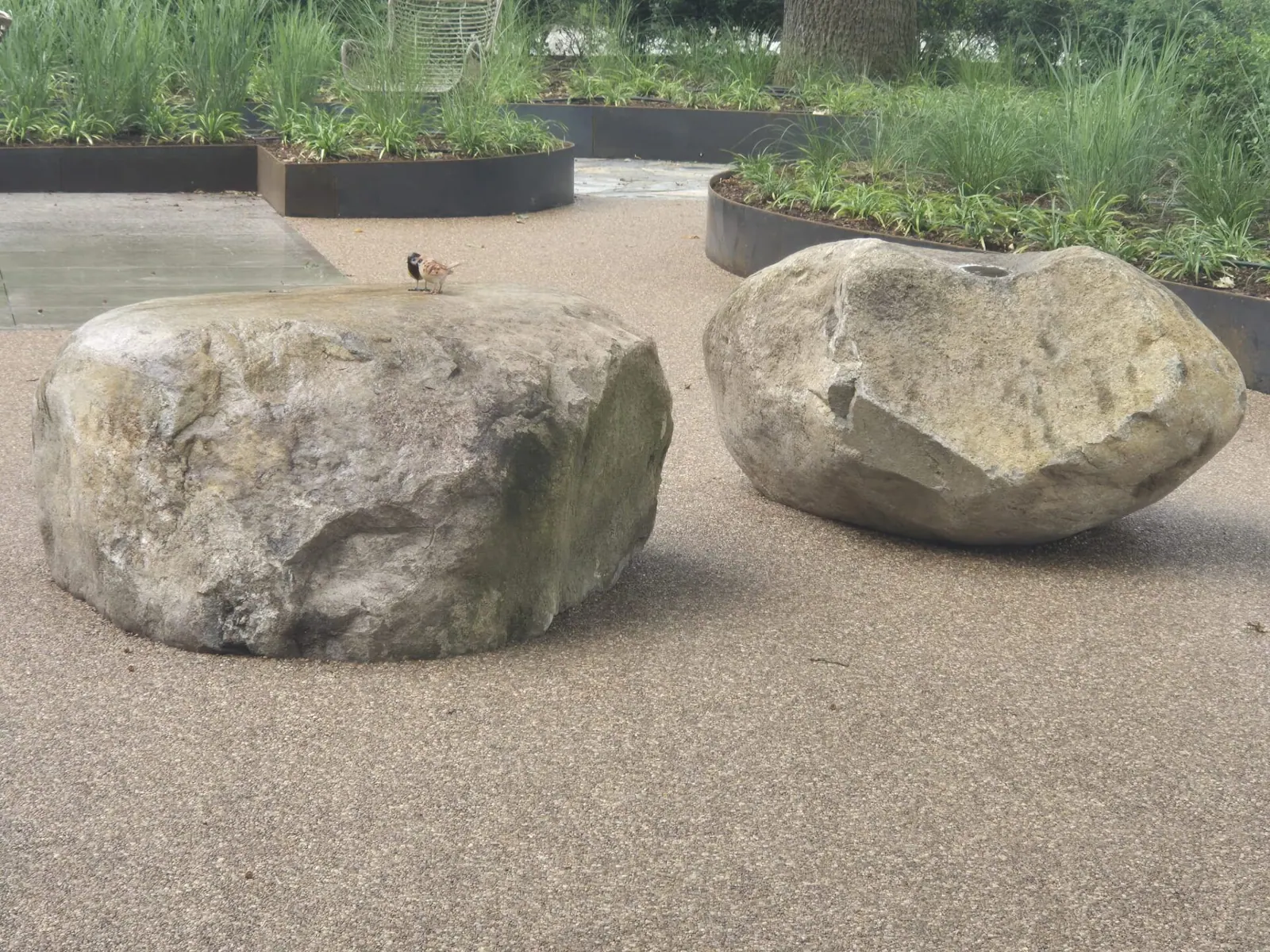 Ruime vloer van harsgebonden grind met twee grote keien en verhoogde plantenbakken met siergras.
