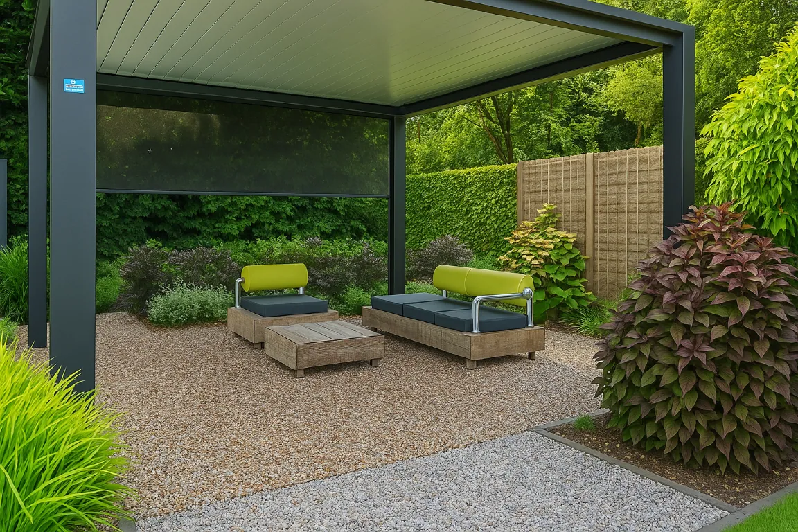 Loungeterras van warm beige harsgebonden grind onder een moderne overkapping in een groene tuin