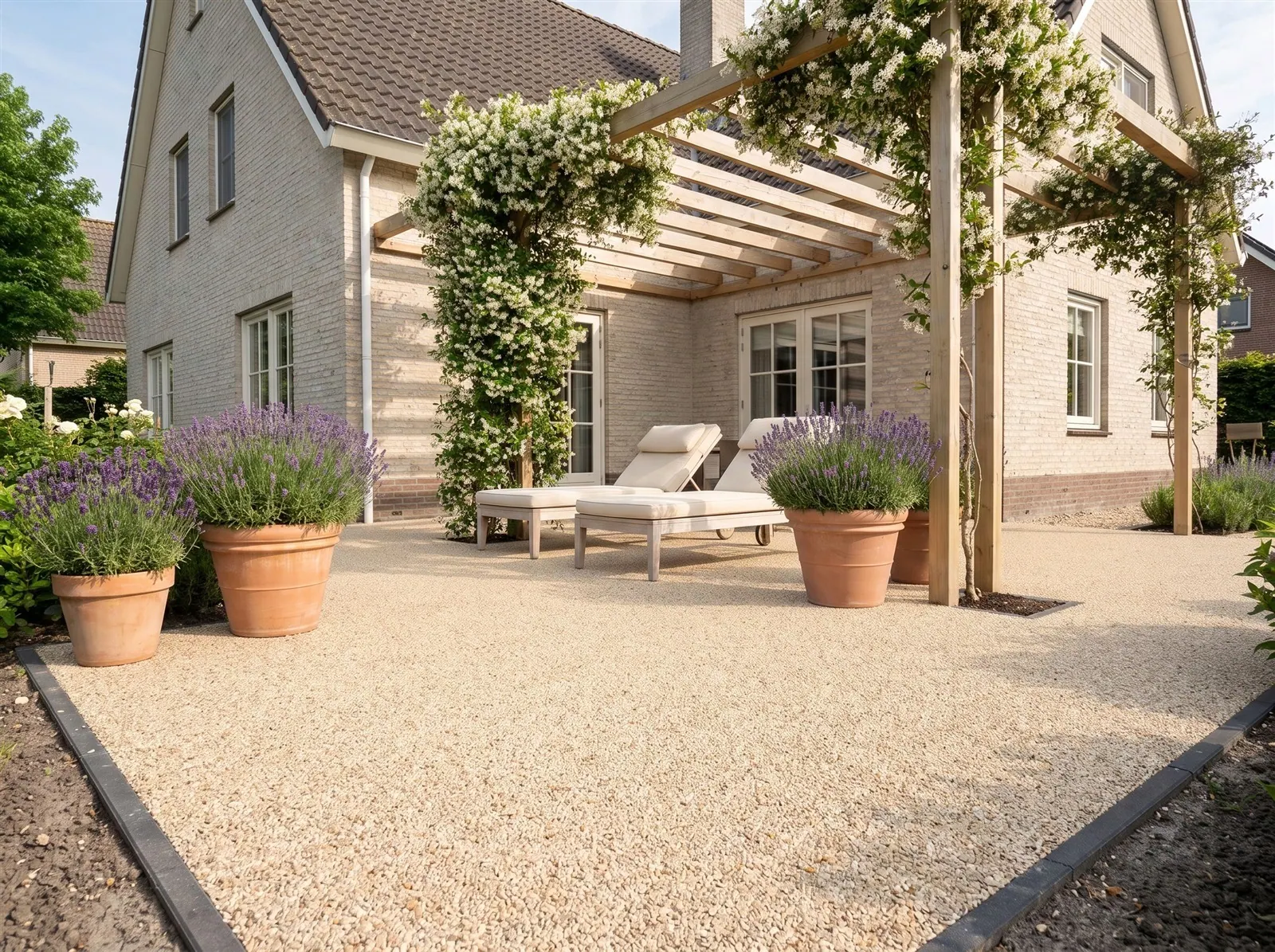 Sfeerimpressie: een zonnige patio onder een pergola met harsgebonden grind in Avena Beige