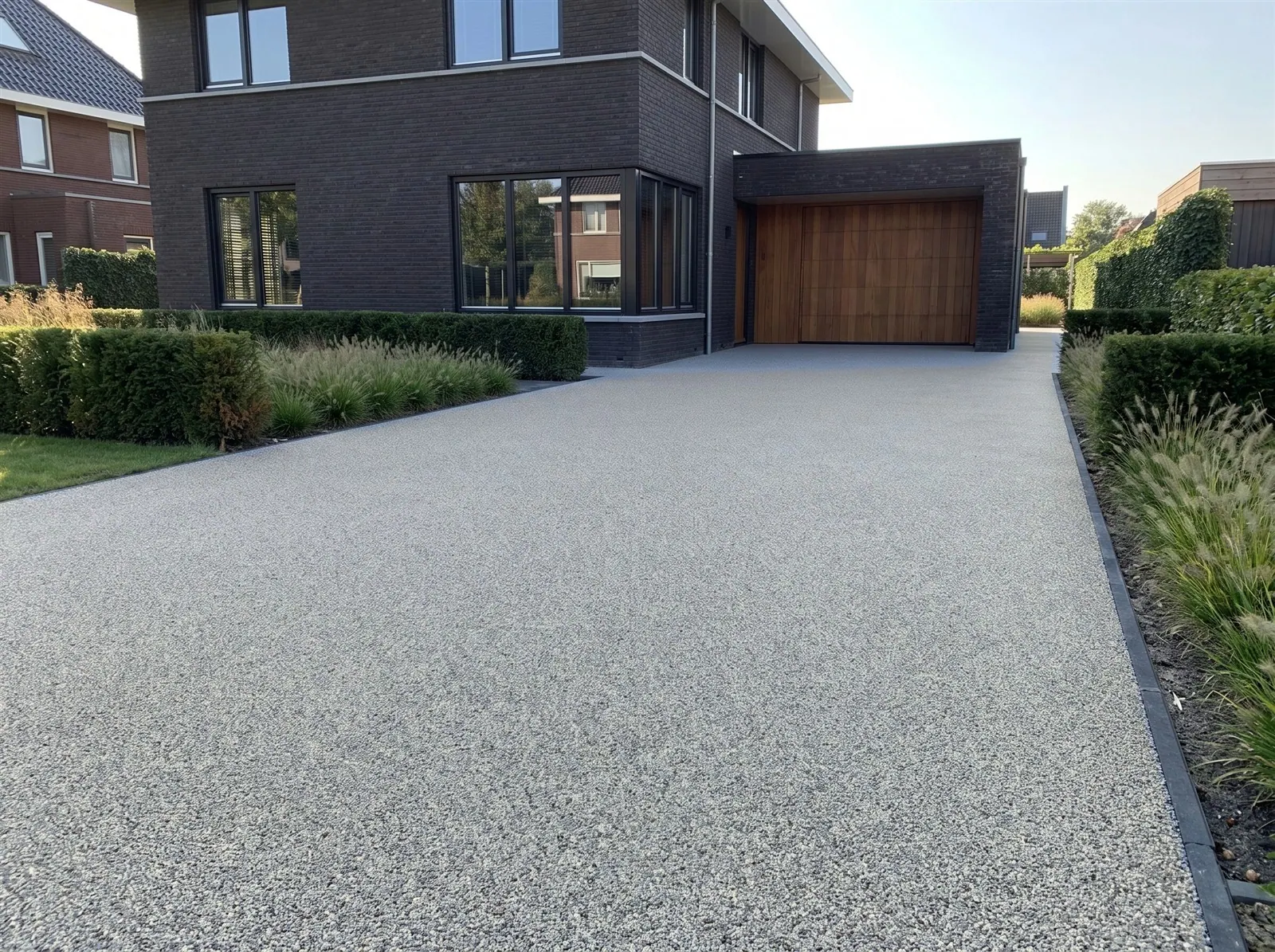Sfeerimpressie: een oprit bij een moderne woning met harsgebonden grind in Azuro Blue