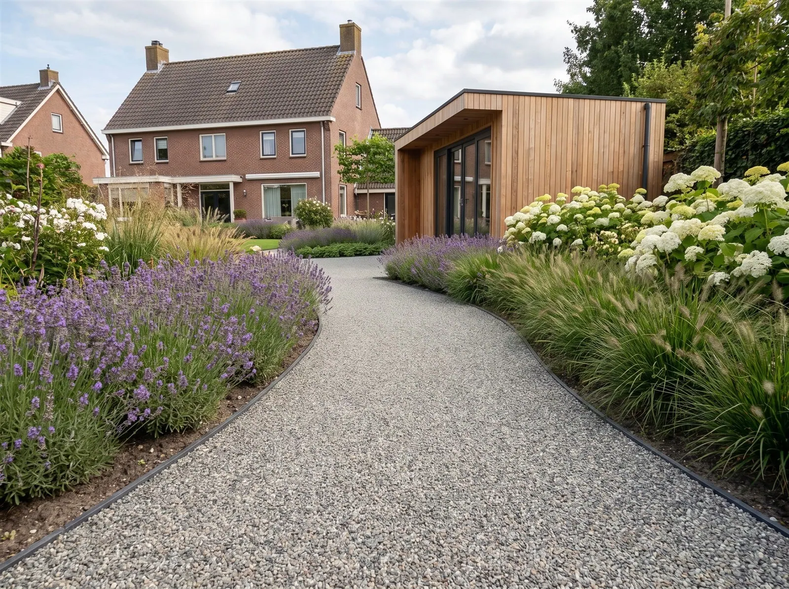 Sfeerimpressie: een tuinpad tussen borders met lavendel en hortensia met harsgebonden grind in Azuro Grey