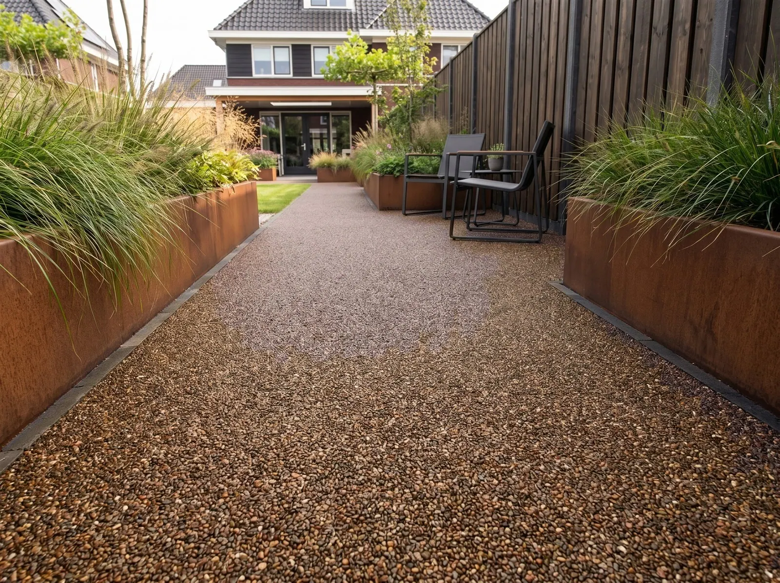 Sfeerimpressie: een pad tussen cortenstalen plantenbakken met harsgebonden grind in Brittany Bronze