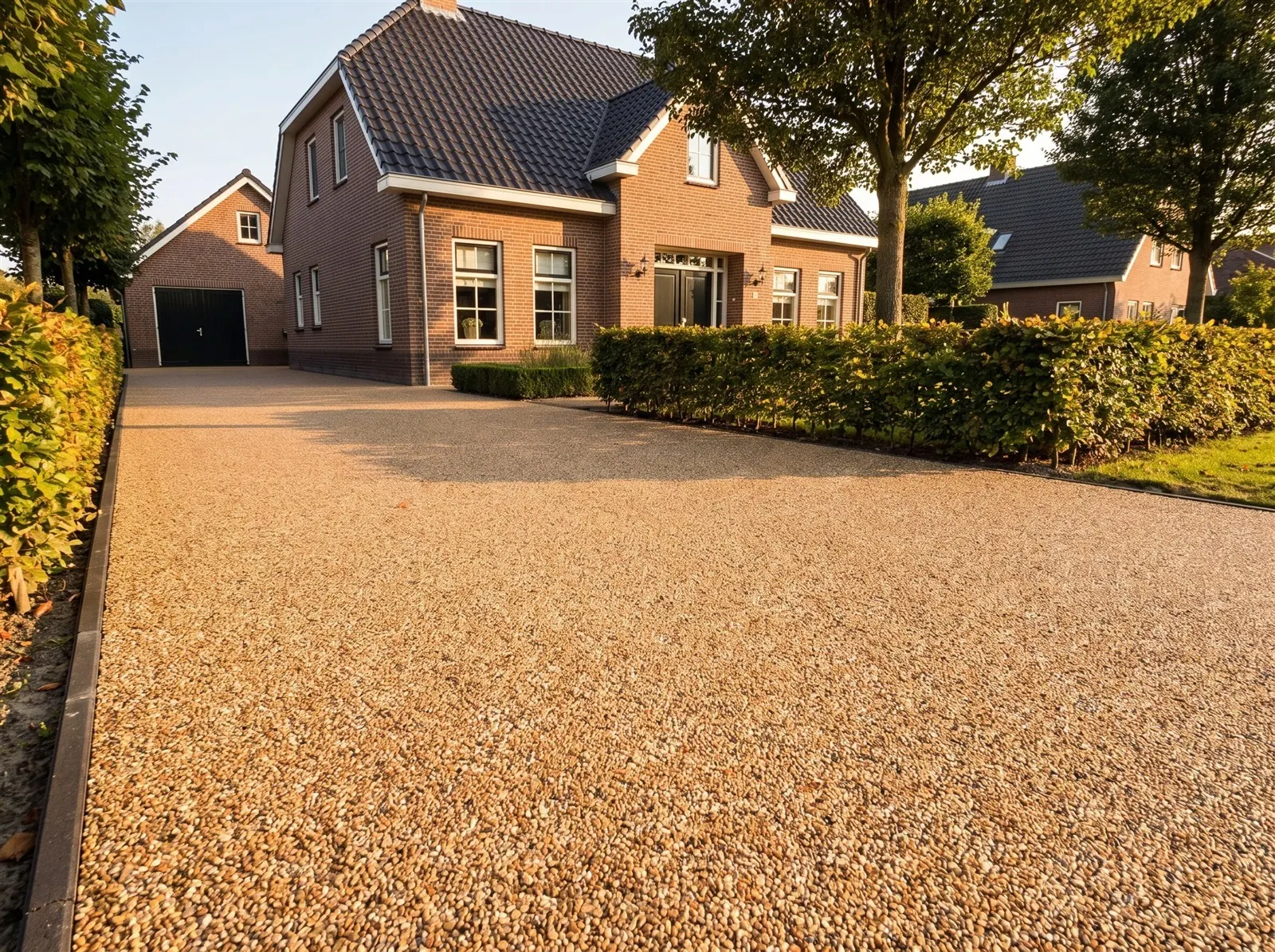 Sfeerimpressie: een oprit bij een landelijke woning met harsgebonden grind in Dorset Gold