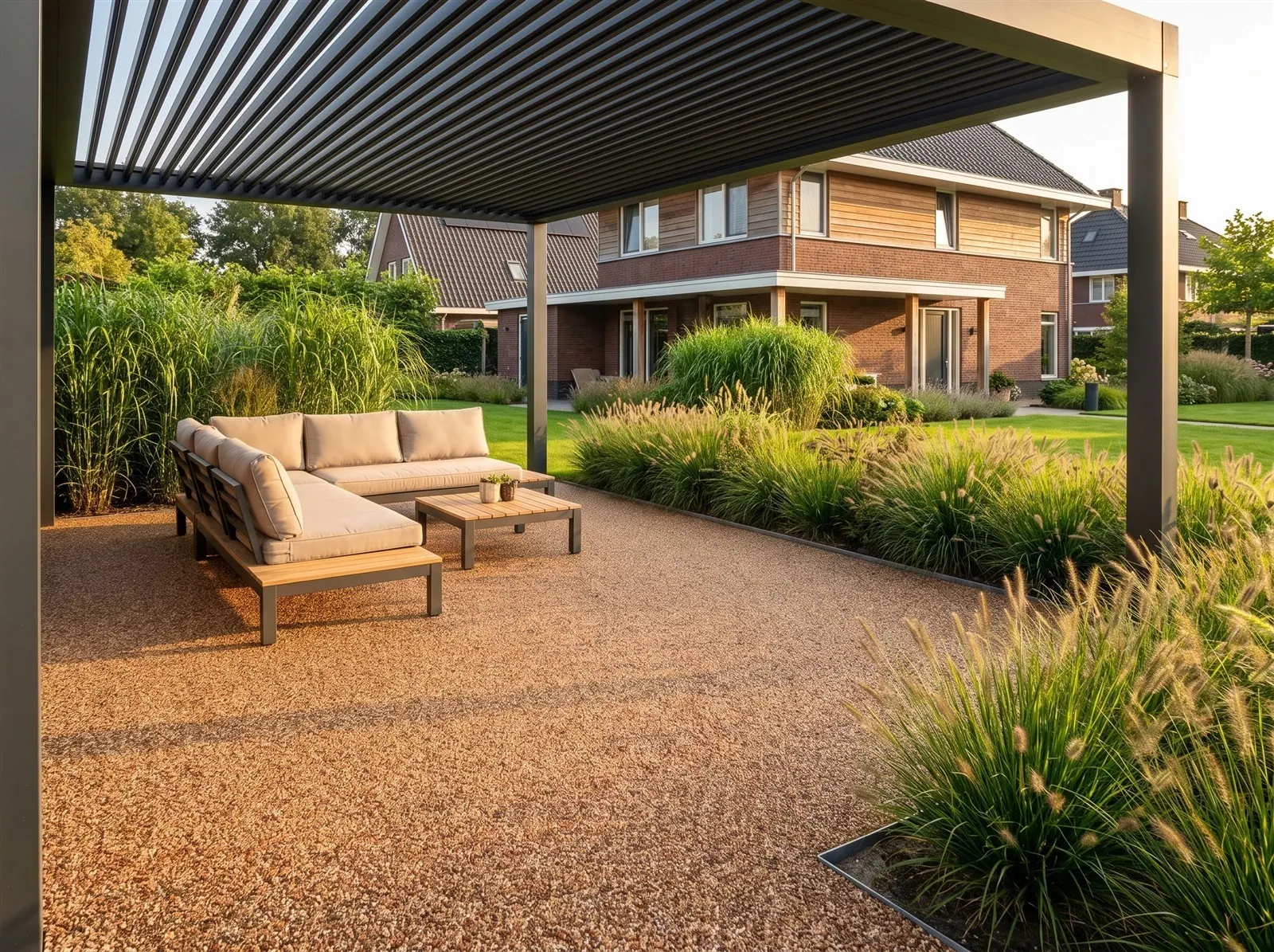 Sfeerimpressie: een loungeterras onder een lamellendak met harsgebonden grind in Glossy Gold
