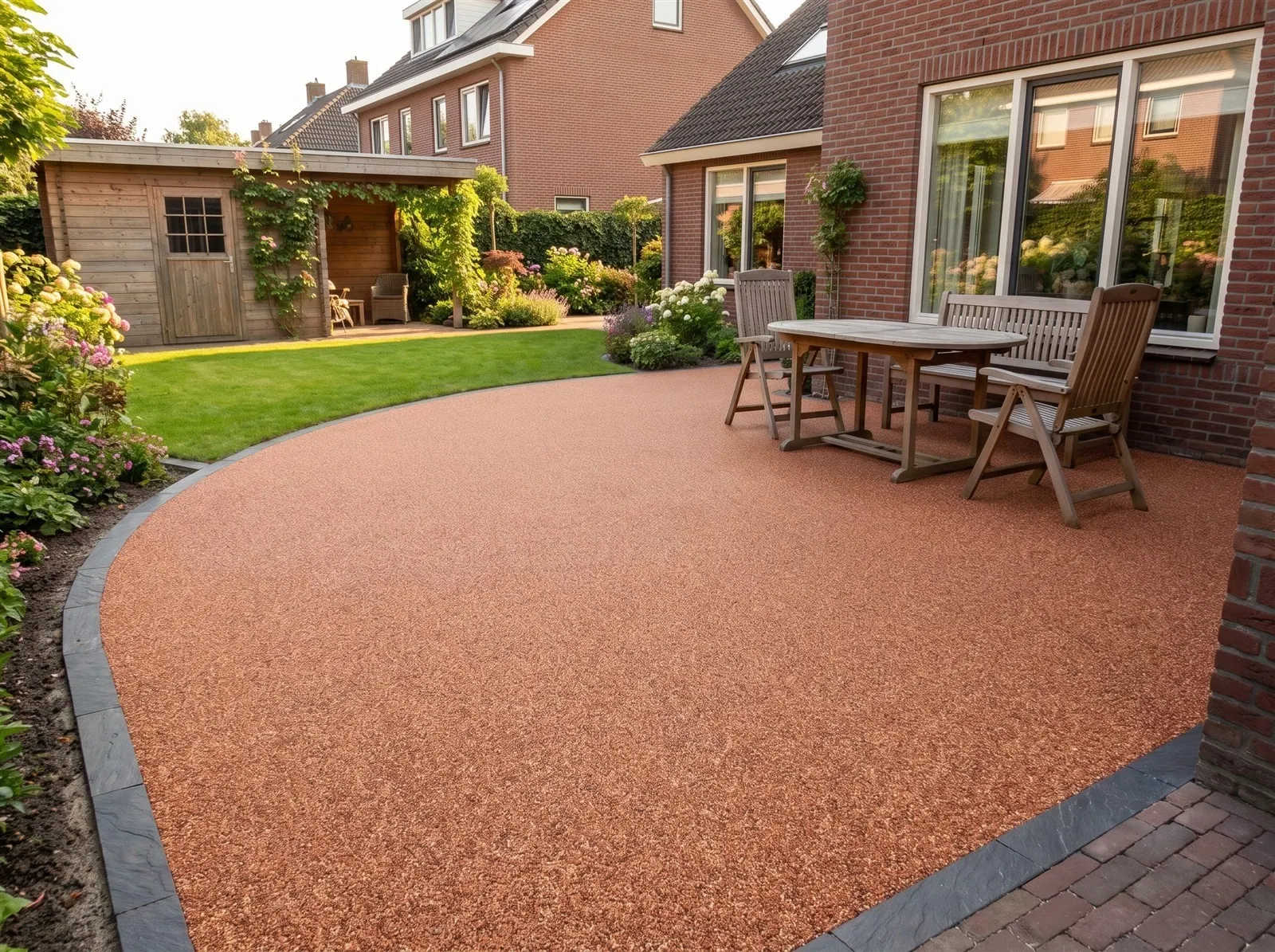 Sfeerimpressie: een ruim, gebogen terras naast het gazon met harsgebonden grind in Rosso Red