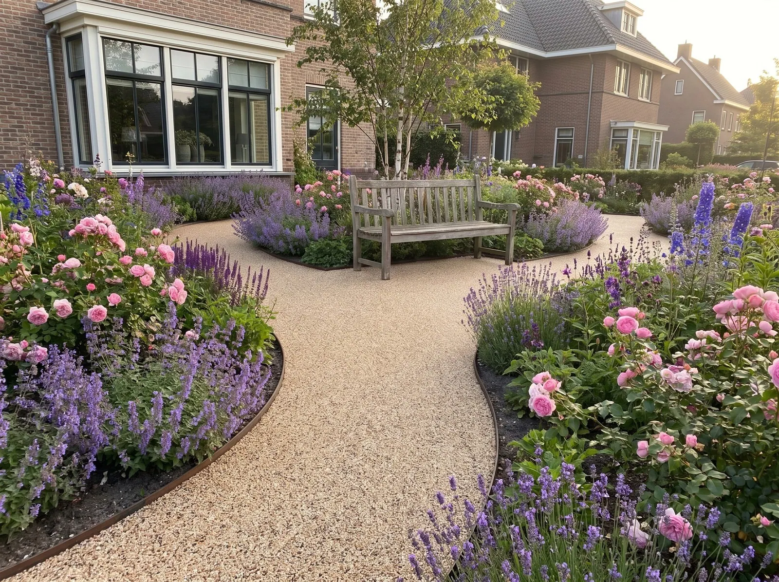Sfeerimpressie: een slingerend tuinpad door een bloementuin met harsgebonden grind in Sea Shell