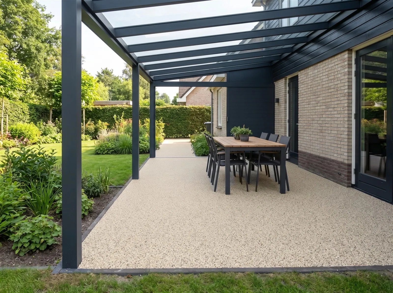 Sfeerimpressie: harsgebonden grind in Winter Grey – onder een veranda met glazen dak