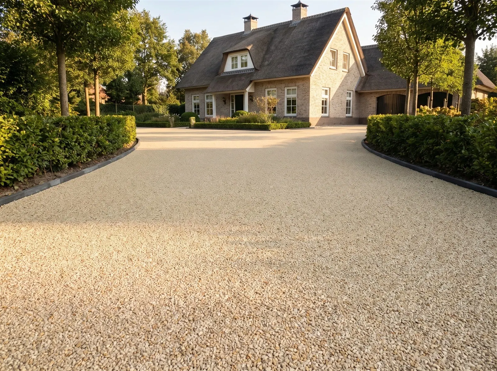 Sfeerimpressie: een oprit bij een landelijke woning tussen lage hagen met harsgebonden grind in Avena Beige