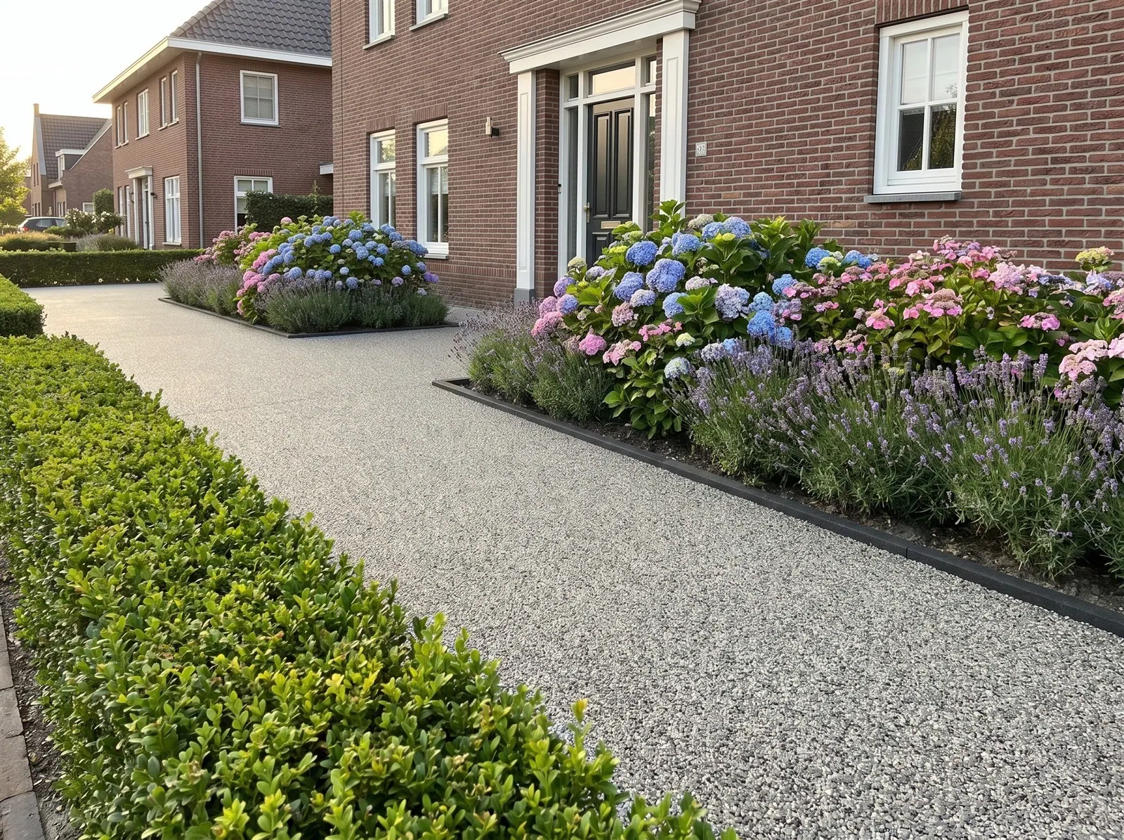 Sfeerimpressie: een breed pad door de voortuin naar de voordeur met harsgebonden grind in Azuro Grey