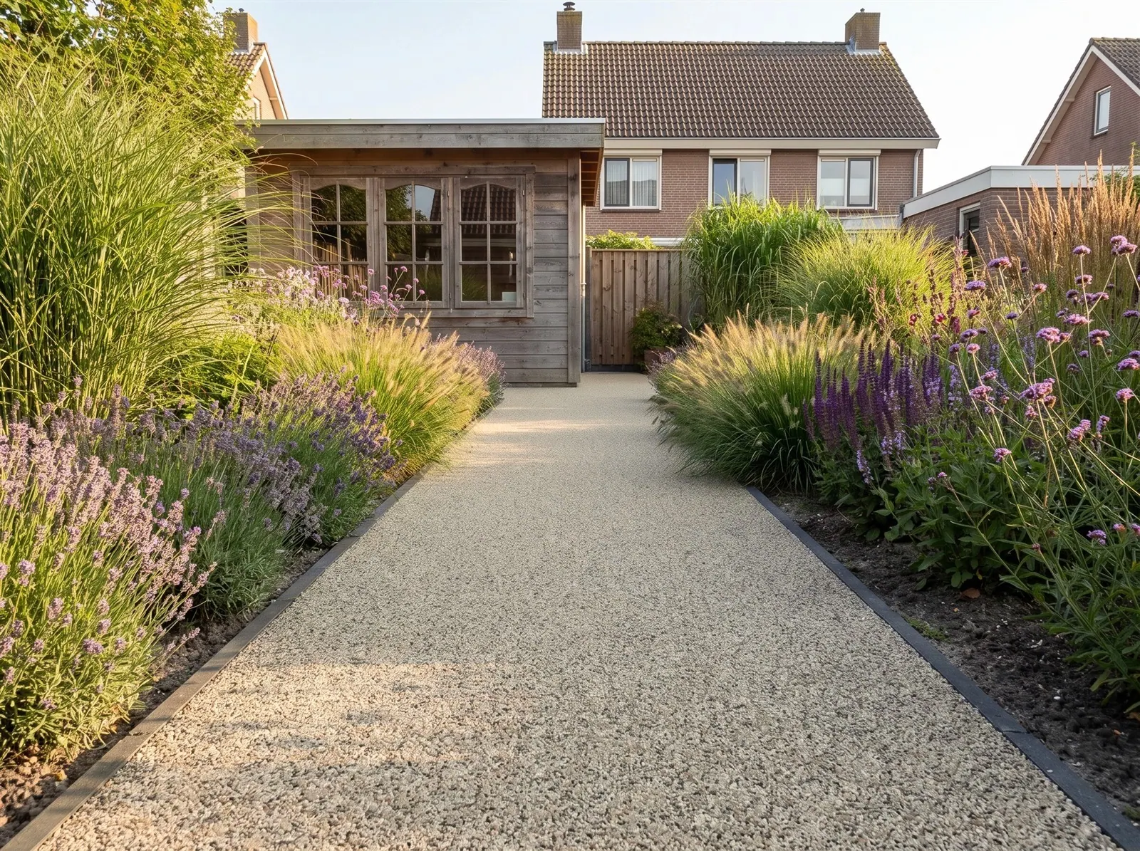 Sfeerimpressie: een recht tuinpad tussen siergrassen naar het tuinhuis met harsgebonden grind in Dapple Grey