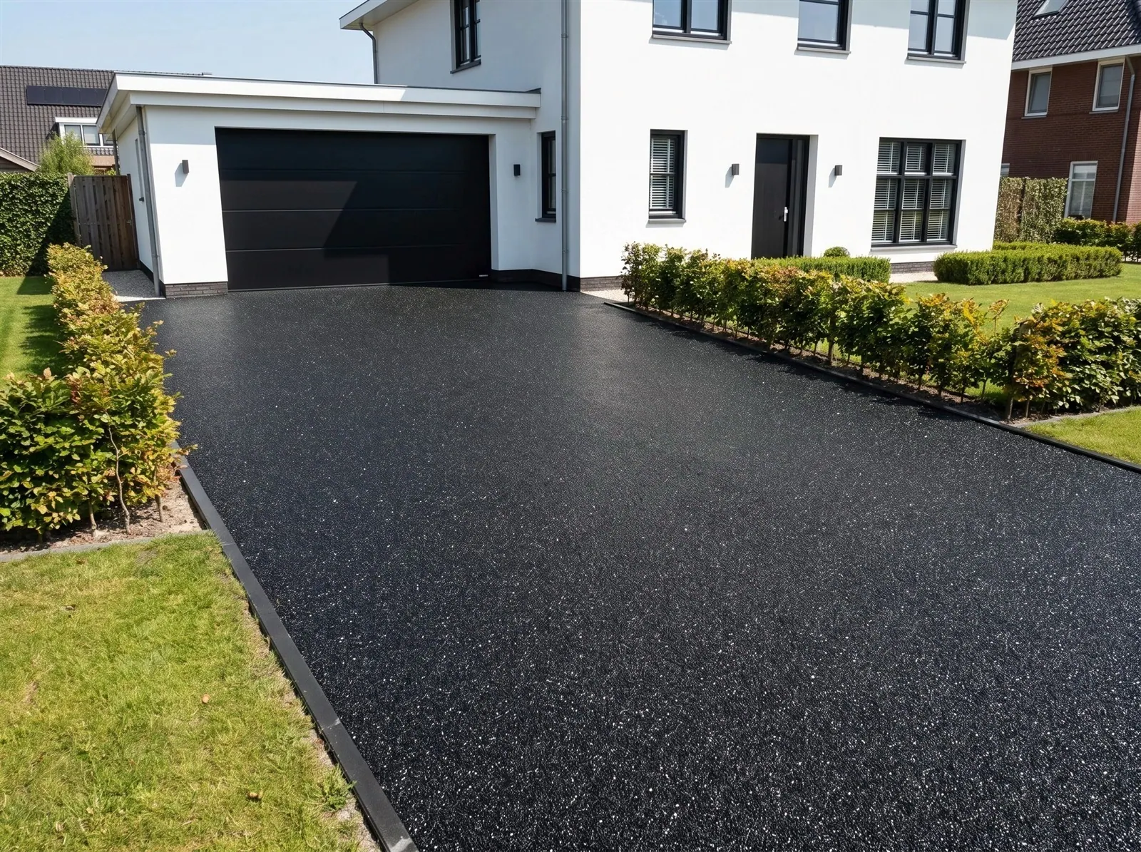 Sfeerimpressie: een oprit bij een moderne witte woning met harsgebonden grind in Deep Black