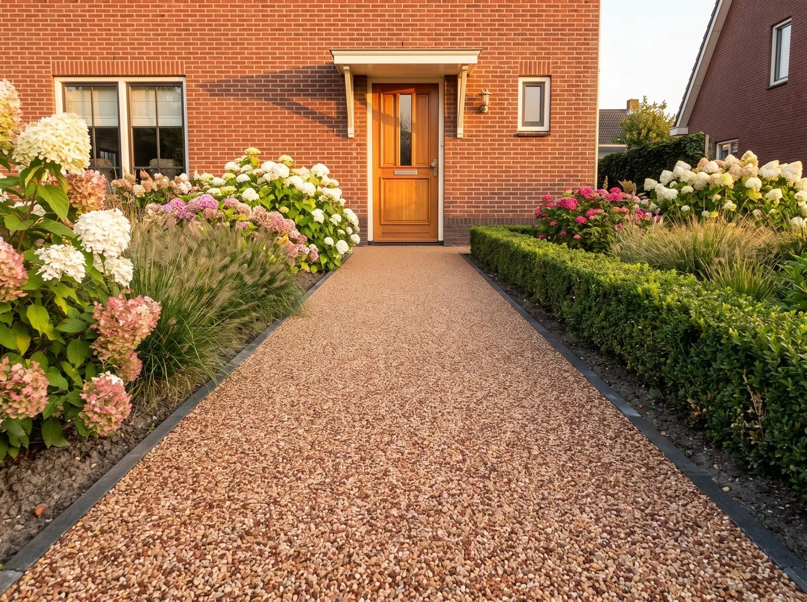 Sfeerimpressie: een pad naar de voordeur van een bakstenen woning met harsgebonden grind in Glossy Gold