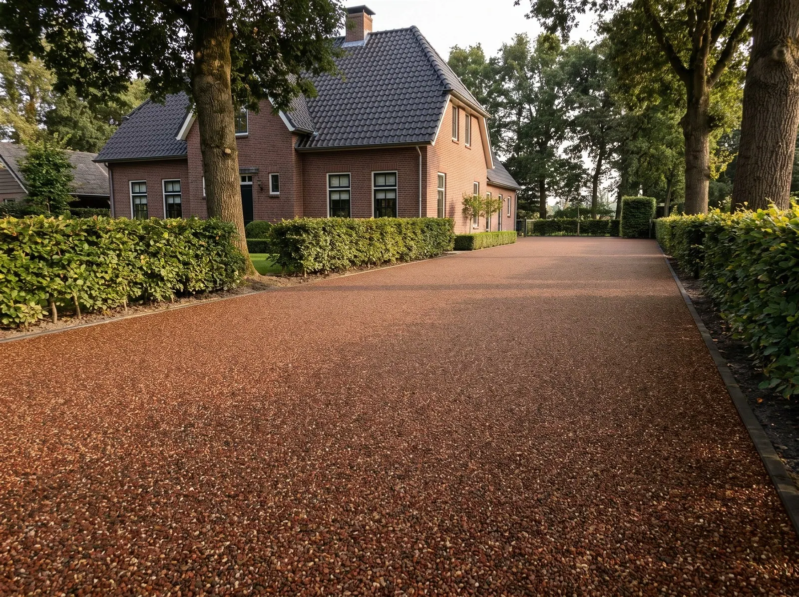 Sfeerimpressie: een oprit bij een landelijke woning van rode baksteen met harsgebonden grind in Rosso Bronze
