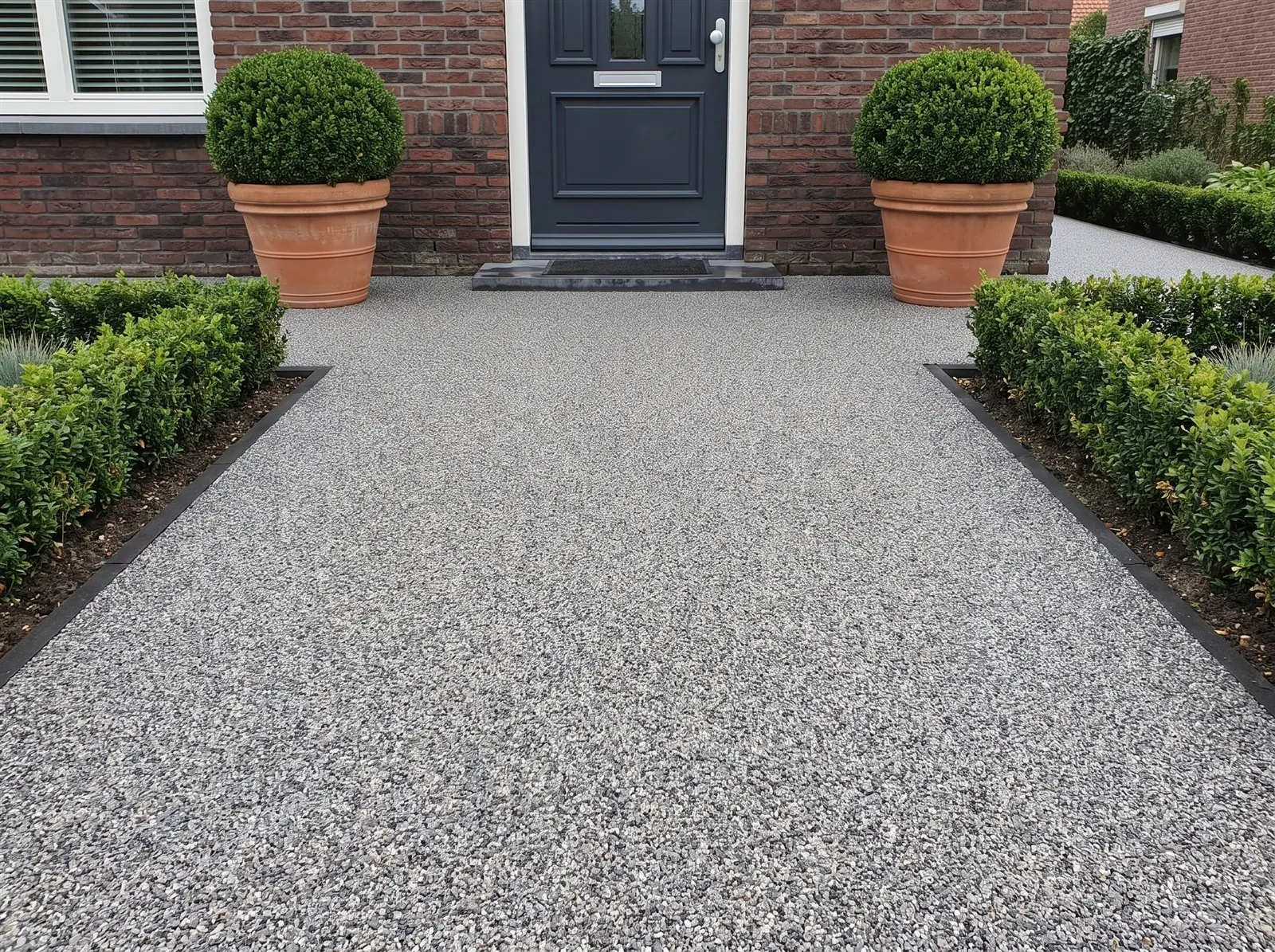 Sfeerimpressie: een pad en voorplein naar de voordeur met naadloze bestrating van harsgebonden grind in Solid Grey