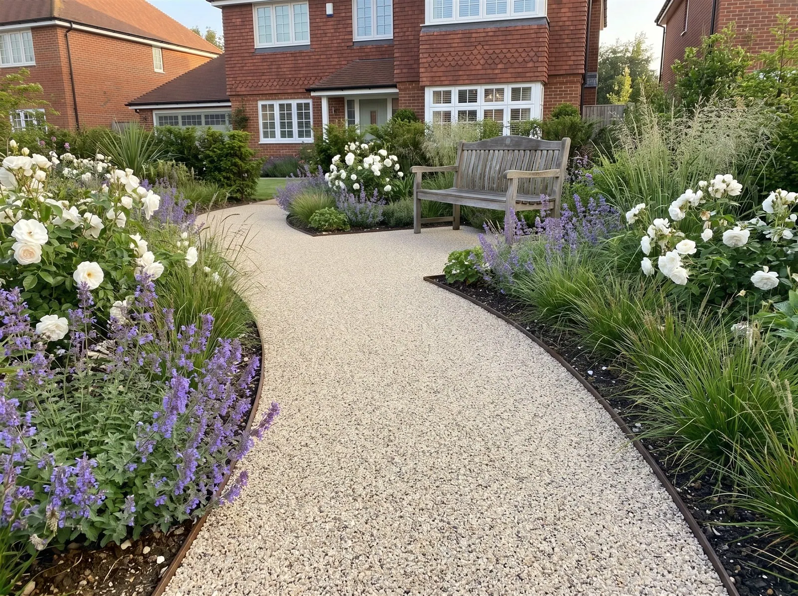 Sfeerimpressie: een slingerend tuinpad door een tuin met witte rozen met harsgebonden grind in Winter Grey