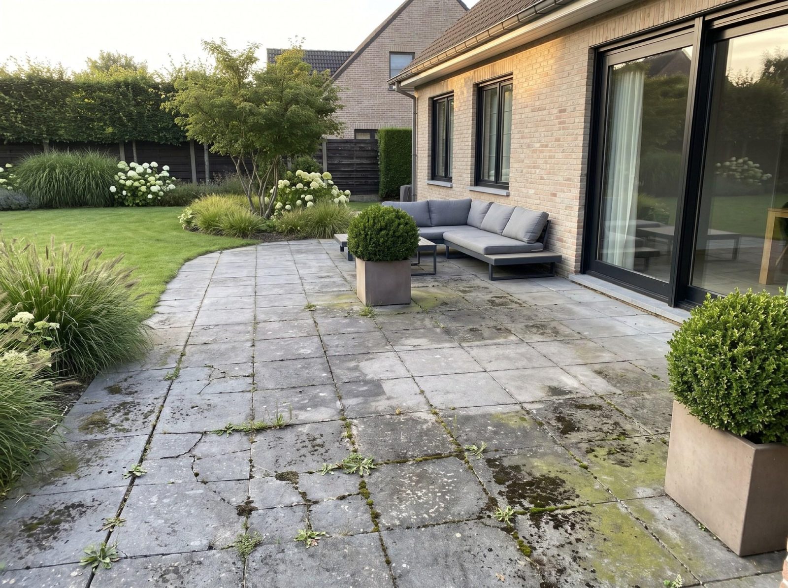 Voorbeeldtuin: een oud terras van verweerde betontegels met mos en onkruid, bij een vrijstaande woning